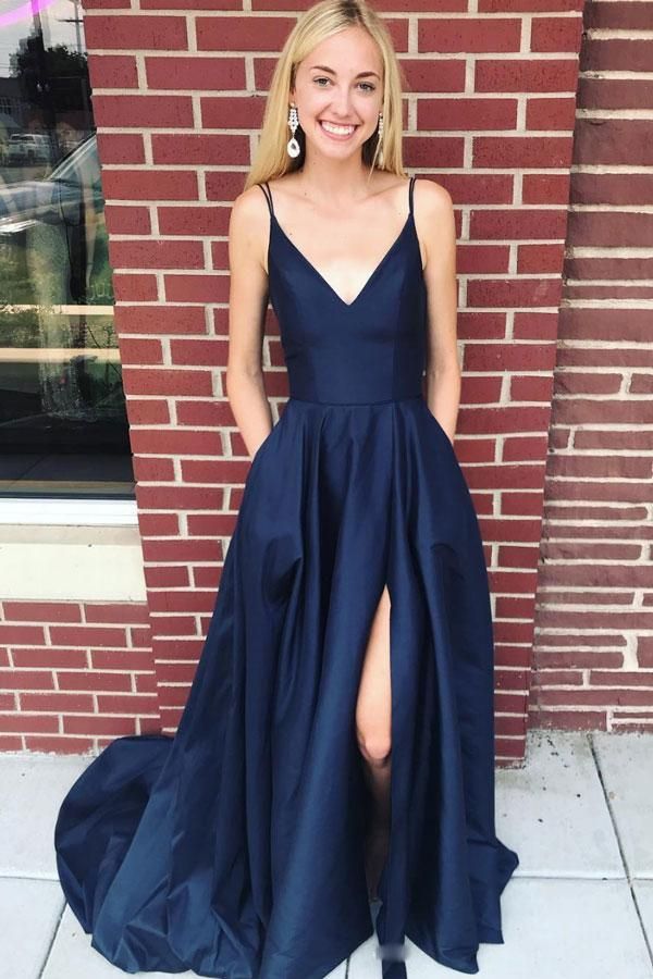 Pocket Spaghetti-Strap Prom Dress UKes UK Side slit Mermaid Sleeveless Evening Dress UKes UK