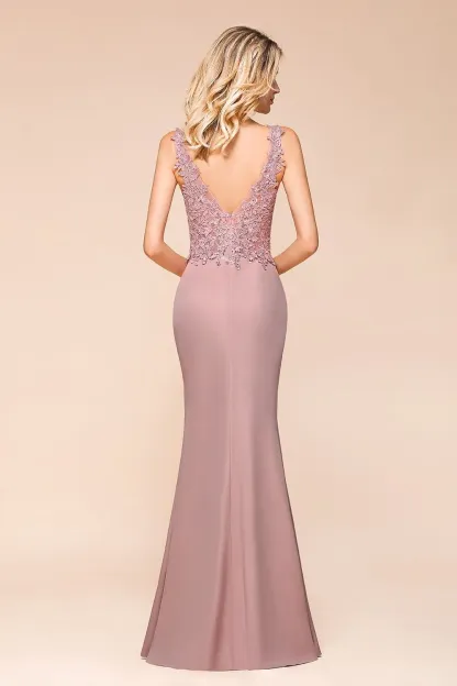 Stylish Dusty Pink Chiffon Lace Appliques Mermaid Bridesmaid Dress V-Neck Sleeveless Evening Party Dress