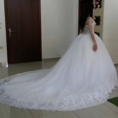 Crystals Tulle Lace Illusion Wedding Dress Long Sleeve Ball Gown