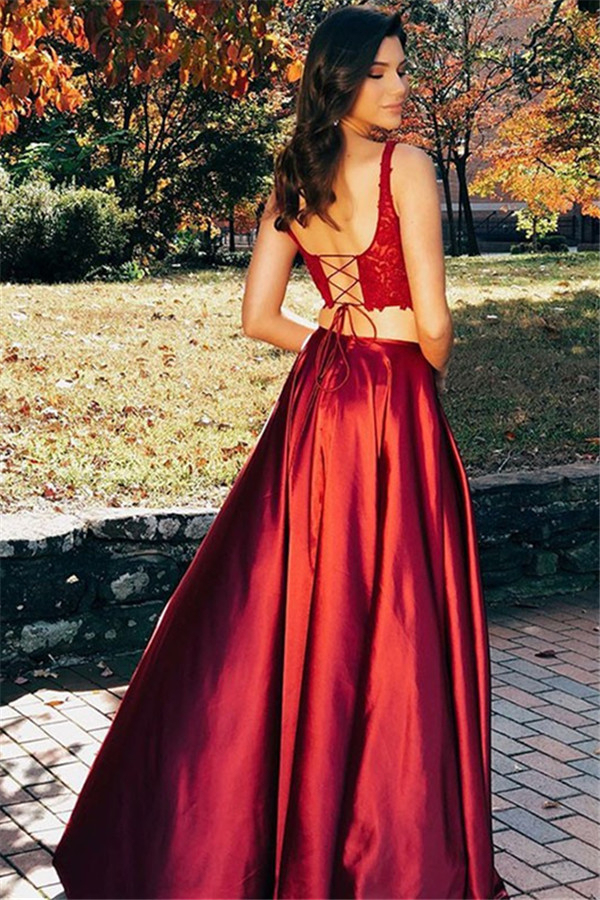 Sexy Scoop Applique Prom Dress UKes UK Two Piece Lace Up Side Slit Sleeveless Elegant Evening Dress UKes UK