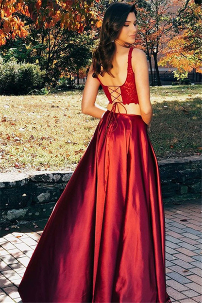 Sexy Scoop Applique Prom Dress UKes UK Two Piece Lace Up Side Slit Sleeveless Elegant Evening Dress UKes UK