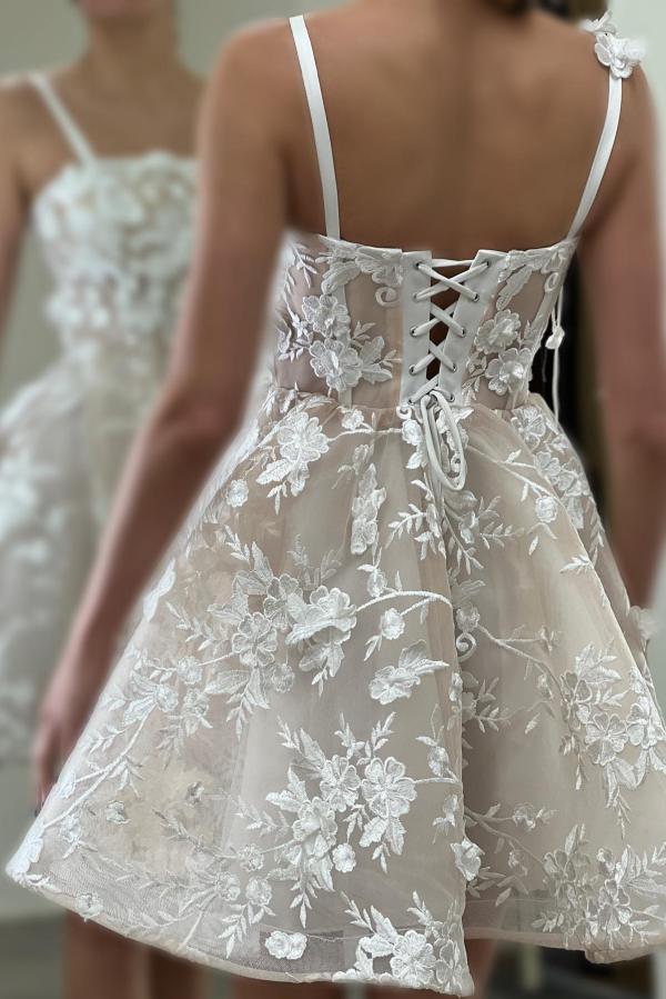 Chic Tulle Short Wedding Dress with Straps Floral Lace Knee-Length Bridal Dress-27Dress.co.uk