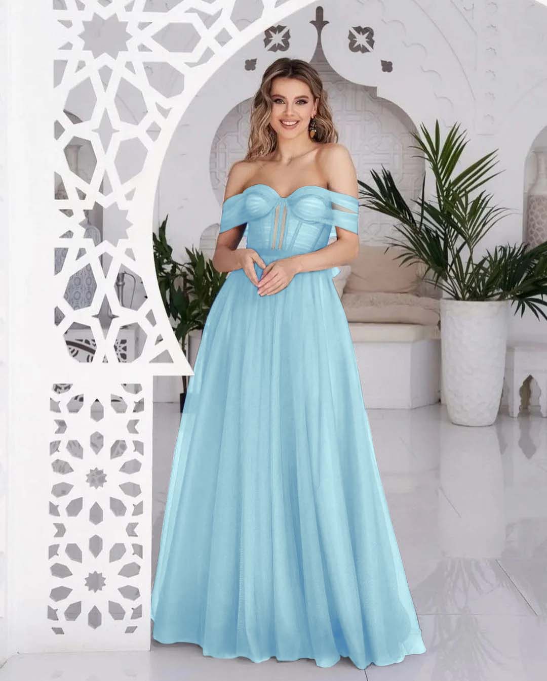 Stunning Tulle Off the Shoulder Sweetheart Strapless Royal Blue Prom Dress