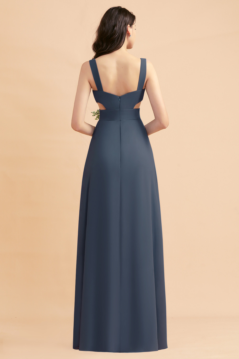 Dusty Blue Chiffon Bridesmaid Dress with Side Slit Long Wedding Guest Dress