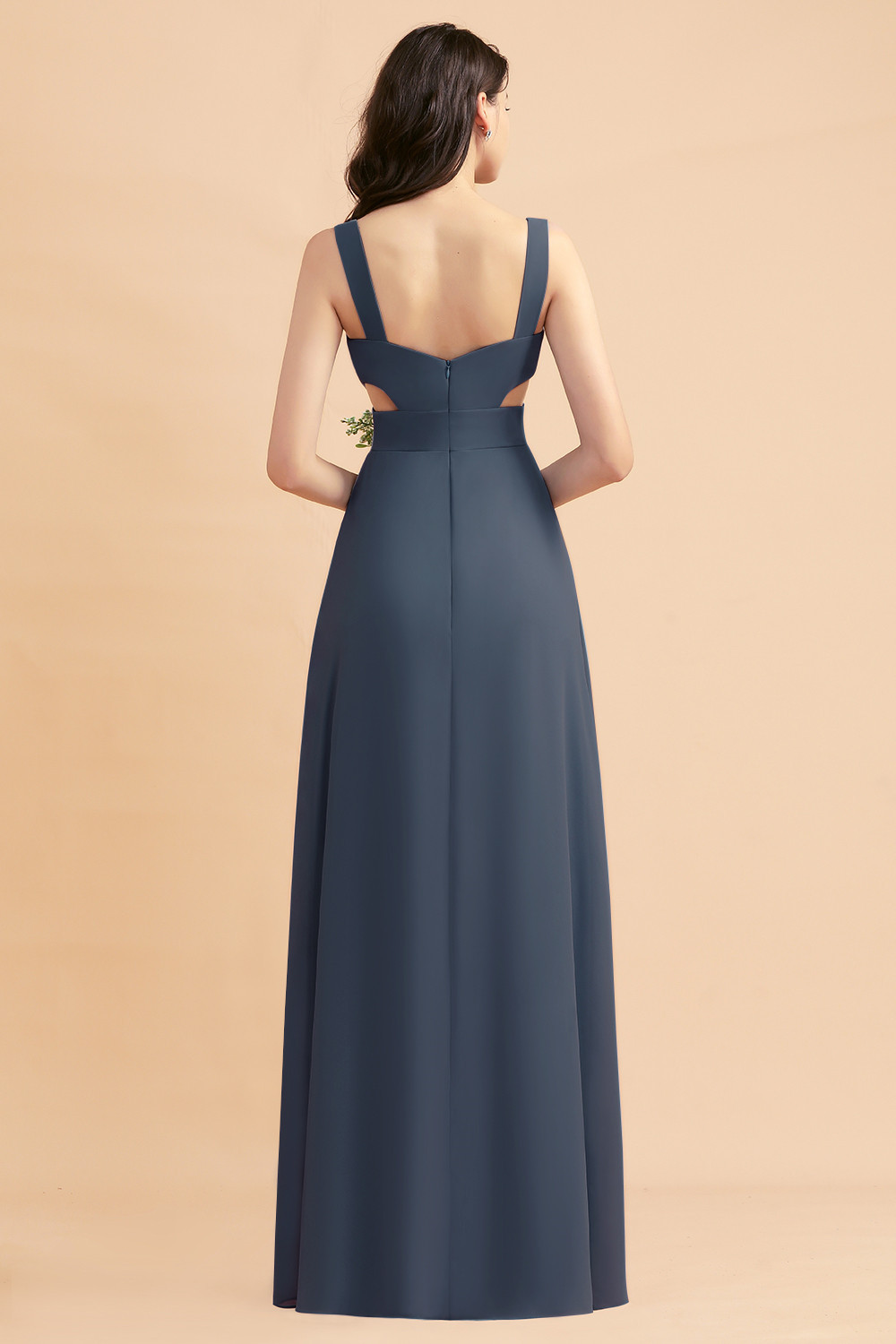 Dusty Blue Chiffon Bridesmaid Dress with Side Slit Long Wedding Guest Dress