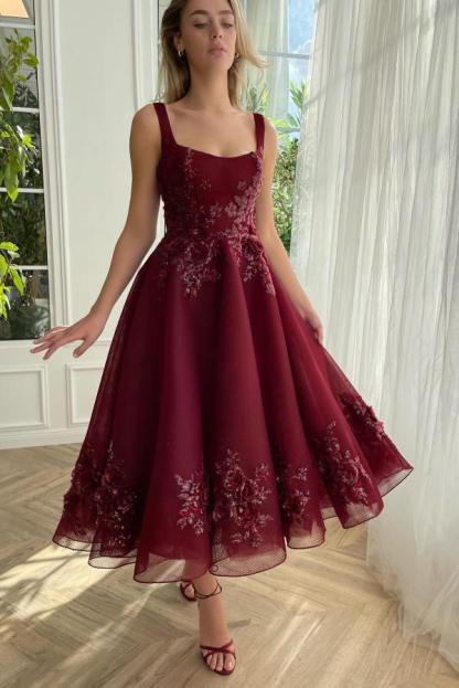 Strapless Burgundy Tulle Floral Ankle Length Dress Sleeveless Prom Dress