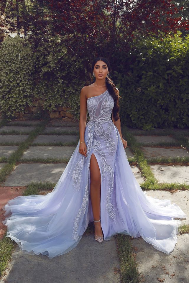 One-shoulder Appliques Sheath Long Slit Evening Gowns with Tulle Overskirt