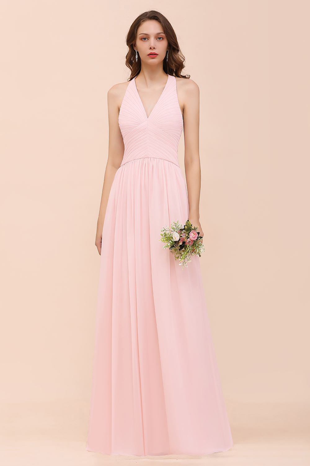 Chic V-Neck Blushing Pink Ruched Chiffon Simple Bridesmaid Dress