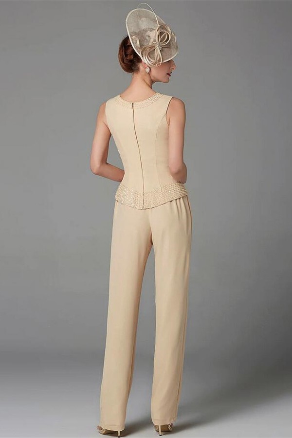 Plus Size Jumpsuit 3 Piece Mother of the Bride Dress Elegant Wrap Included Bateau Neck Floor Length Chiffon Sleeveless with Beading Appliques