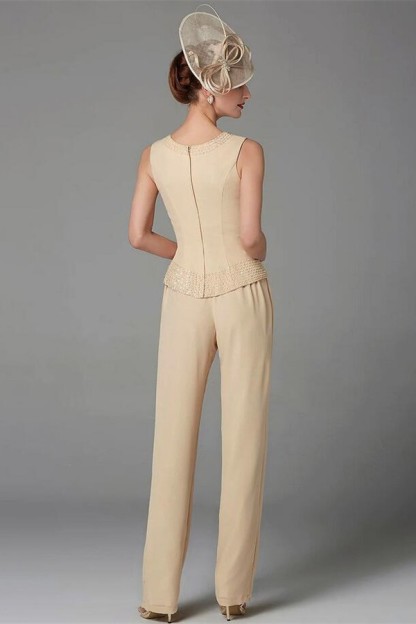 Plus Size Jumpsuit 3 Piece Mother of the Bride Dress Elegant Wrap Included Bateau Neck Floor Length Chiffon Sleeveless with Beading Appliques