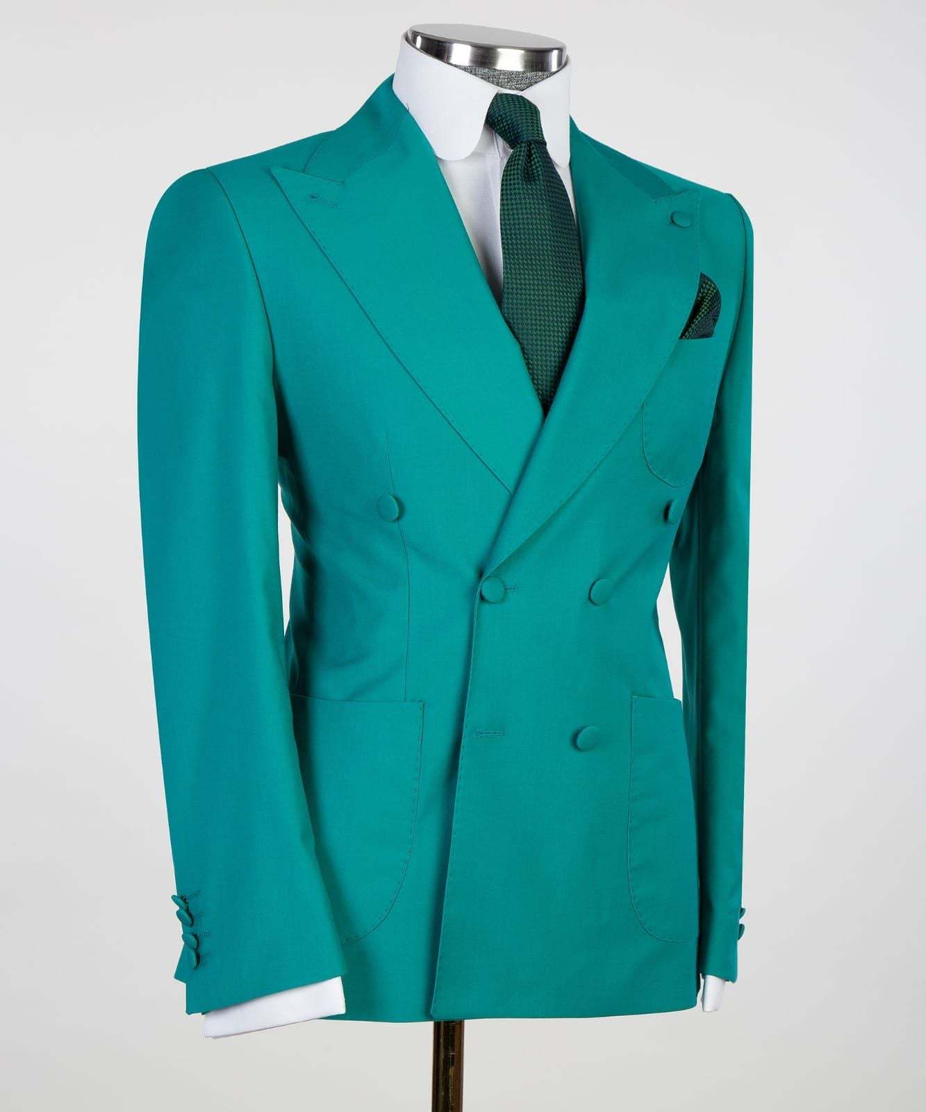 Floyd Chic Green Close Fitting Two Pieces Double Breasted Peaked Lapel Prom Suits
