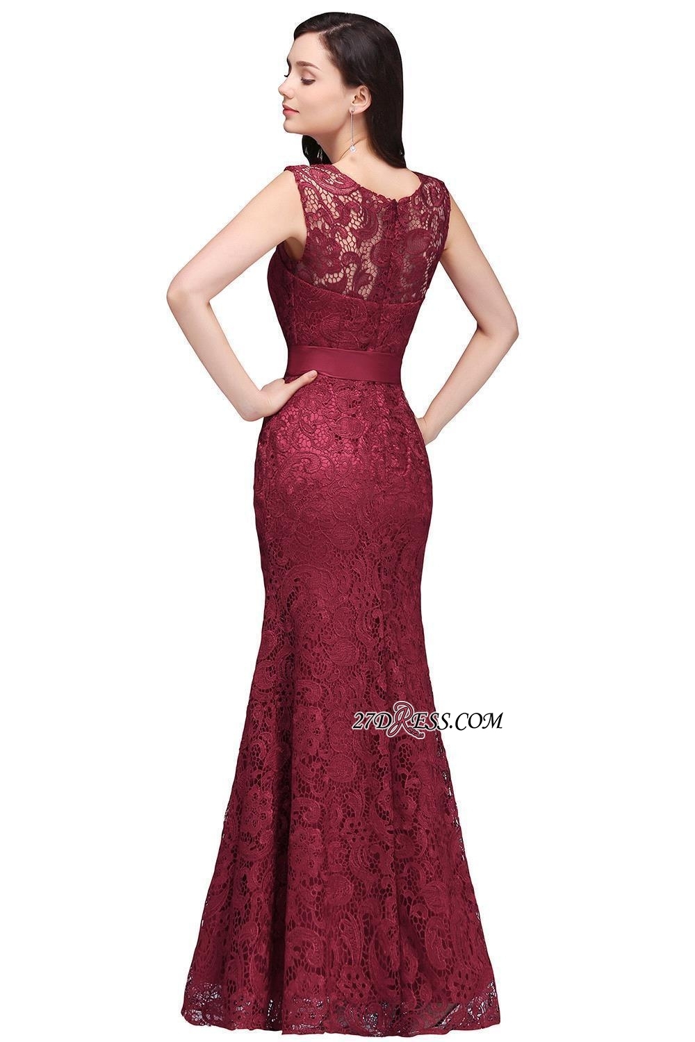 Bowknot-Sash Lace Floor-Length Burgundy Sleeveless Mermaid Prom Dress UKes UK