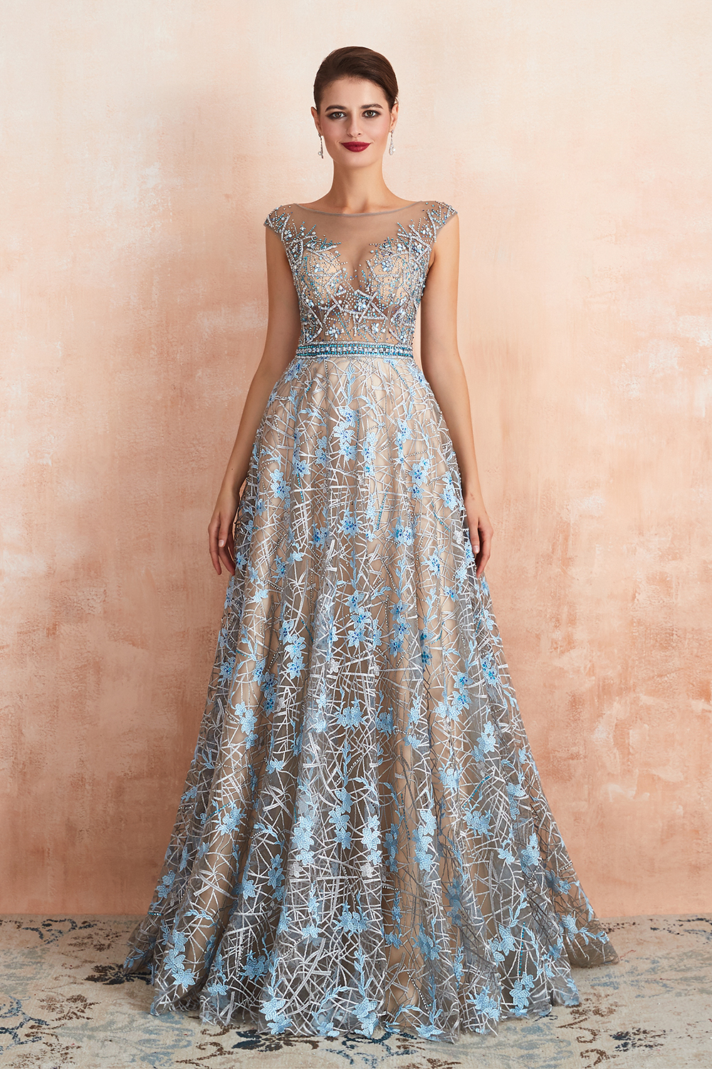Charming Scoop Neck Cap Sleeves Flower Aline Evening Dress Beadings Floor Length Special Occasion Dress