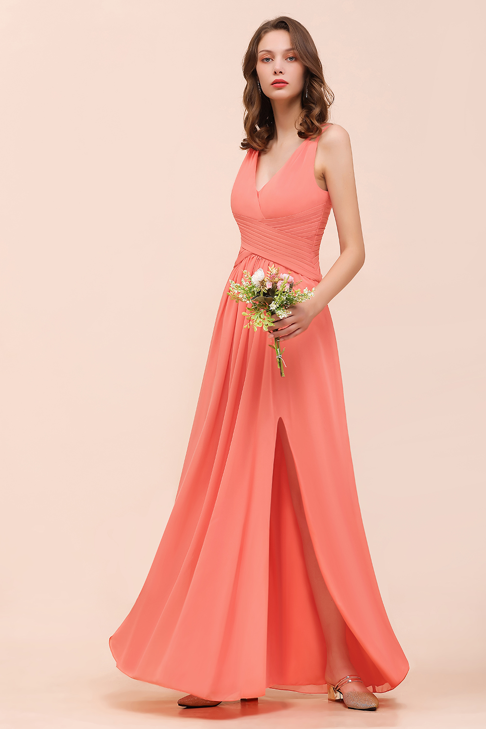Elegant Coral A-line Side Split Bridesmaid Dress Sleeveless Long Chiffon Wedding Guest Dress