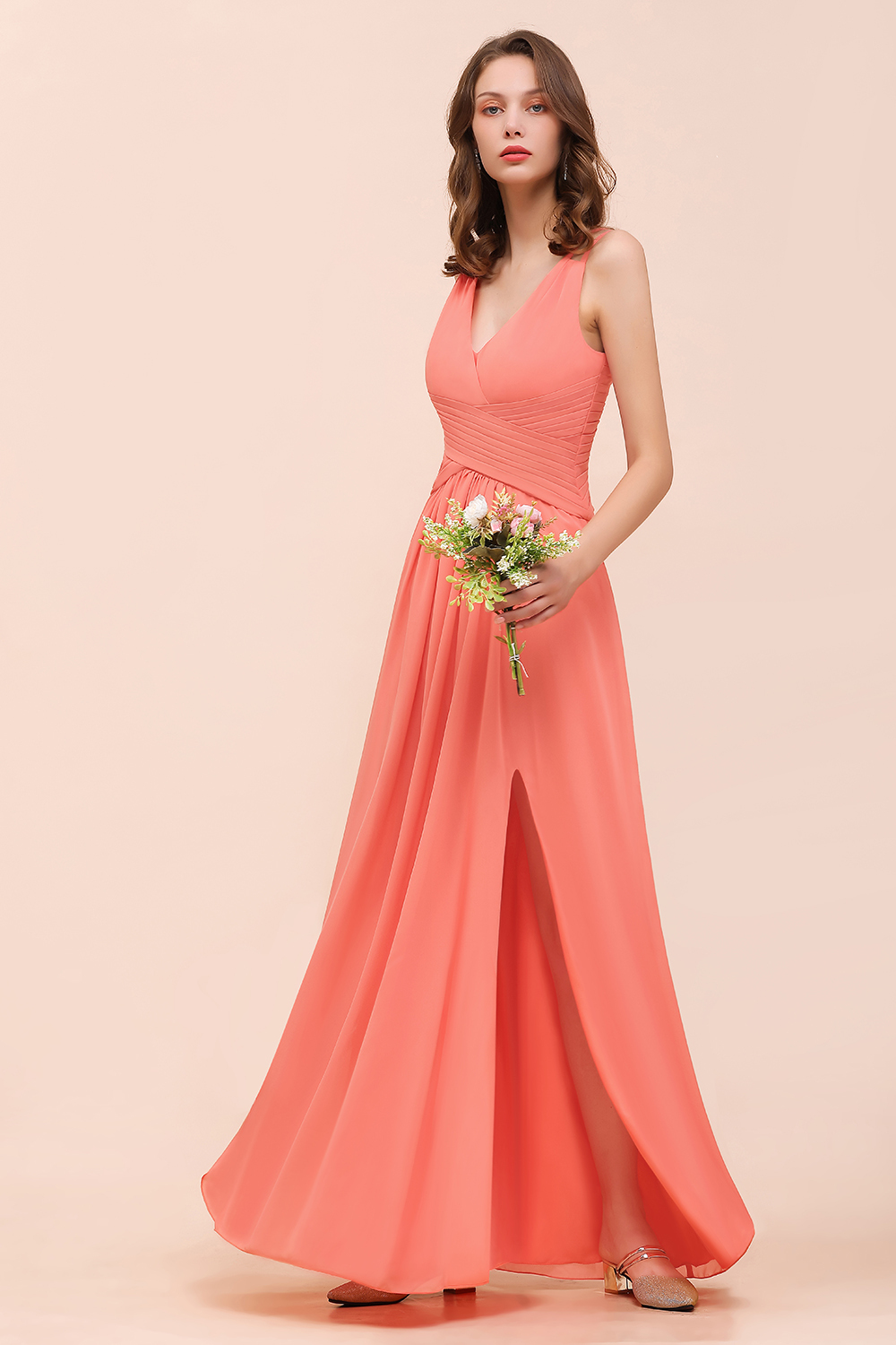 Elegant Coral A-line Side Split Bridesmaid Dress Sleeveless Long Chiffon Wedding Guest Dress