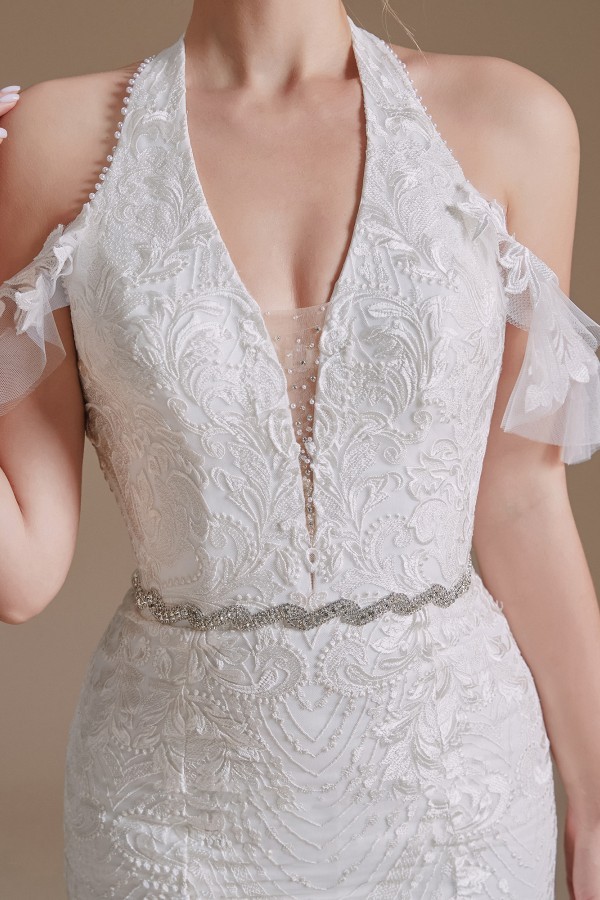 Charming Halter Mermaid Bridal Dress Off-the-Shoulder White Wedding Dress