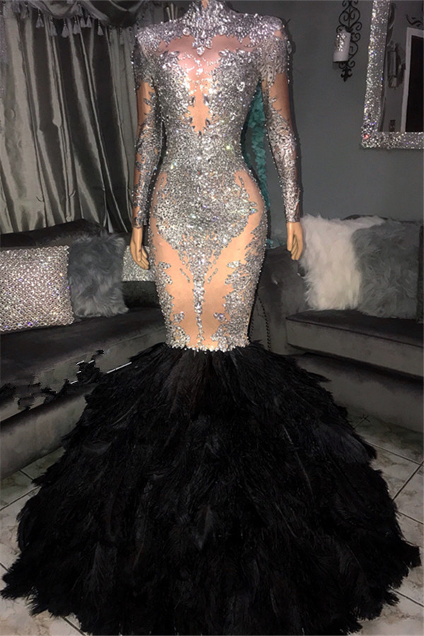 Sexy Sliver Seuqins High Neck Long Sleeves Fur Elegant Mermaid Prom Dress UKes UK UK