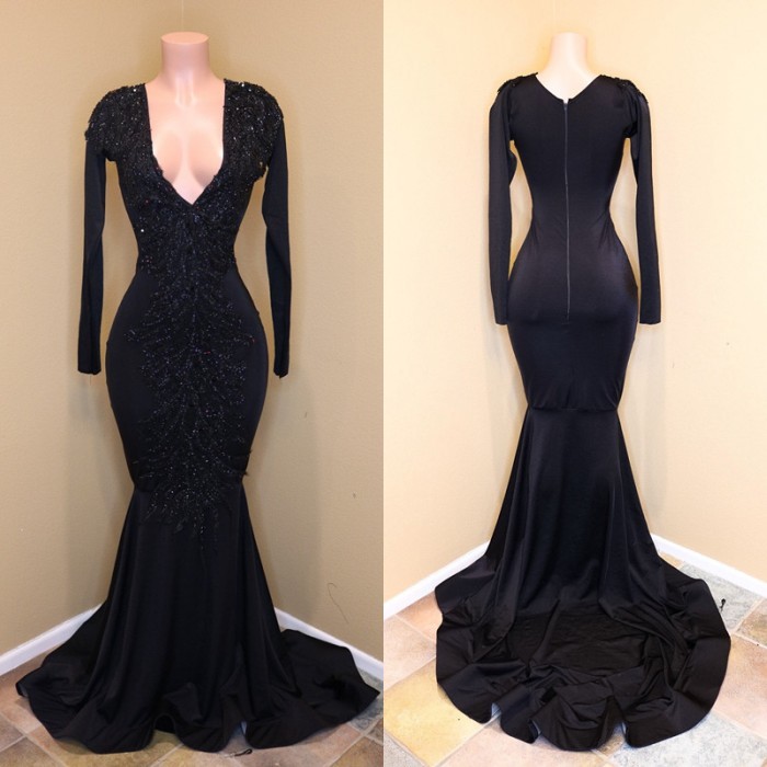 Long Sleeve V-neck Prom Dress UK Evening Dress UK with Beadings BA8203