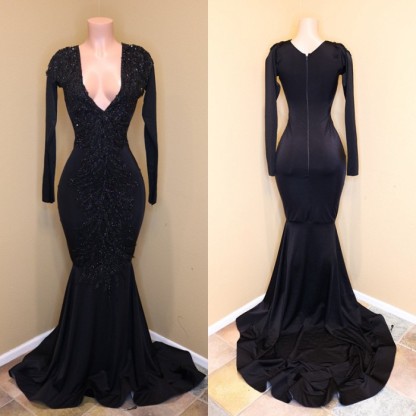 Long Sleeve V-neck Prom Dress UK Evening Dress UK with Beadings BA8203