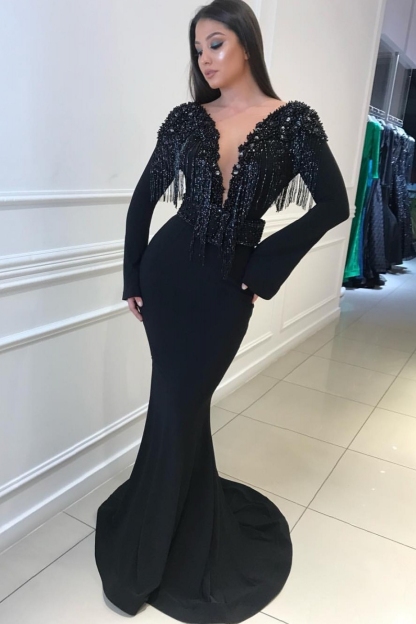 Long Sleeves Elegant Mermaid Deep Alluring V-Neck Tassel Beading Open Back Prom Dress UK UKes UK