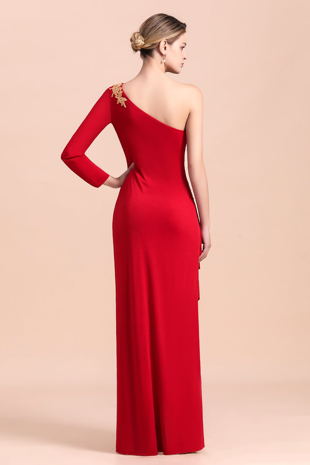 One-Shoulder Long Sleeves Ruffle Mother of Bride Dresses with Gold Appliques