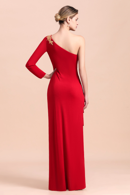 One-Shoulder Long Sleeves Ruffle Mother of Bride Dresses with Gold Appliques