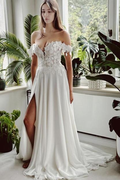 Off-the-Shoulder White Floral A-line Wedding Dresses Front Slit