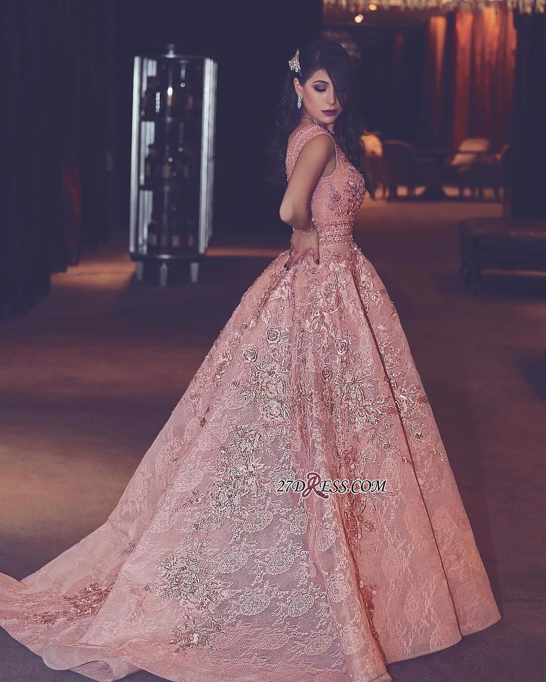 Flowers Luxury Lace Beading V-Neck Puffy Pink Evening Gowns
