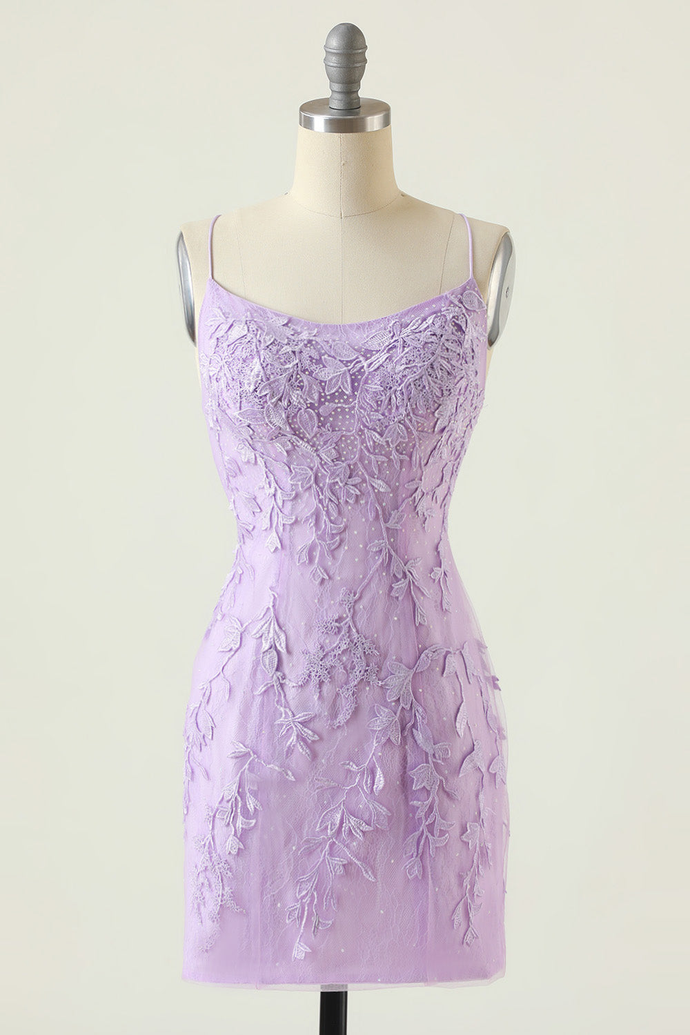 Spaghetti Straps Purple Tight Short Homecoming Dress with Appliques