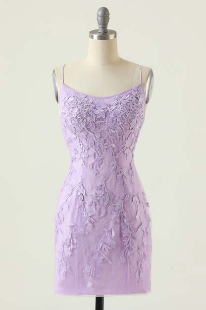 Spaghetti Straps Purple Tight Short Homecoming Dress with Appliques
