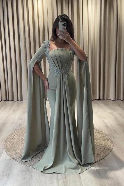 Square Neckline Ruched Appliques Lace Mermaid Prom Dresses Long Sleeve