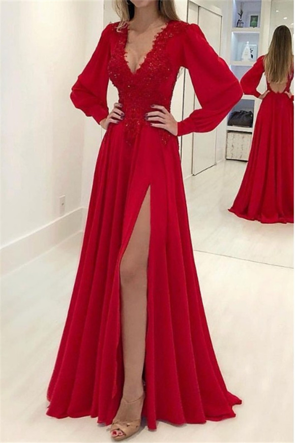 Sexy Res Elegant V-Neck Long Sleeves Prom Dress UKes UK Side Slit Applique Elegant Evening Dress UKes UK with Beads-27Dress.co.uk