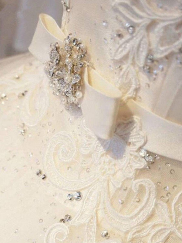 Applique Lace Ball Gown Off-the-Shoulder Sleeveless Ribbon Beads Sweep Train Wedding Dresses UK