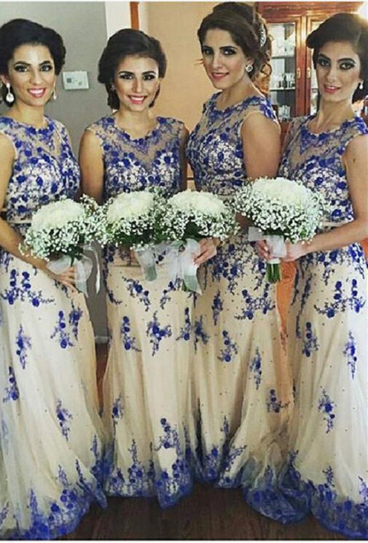 Lace Appliques Illusion Bridesmaid Dress UK Sweep Train