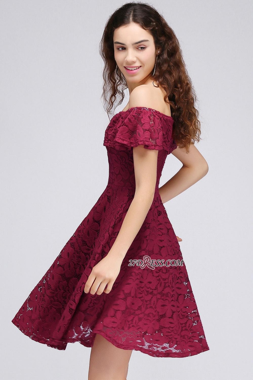 Sheath Burgundy Lace Short Off-the-Shoulder Homecoming Dress UKes UK