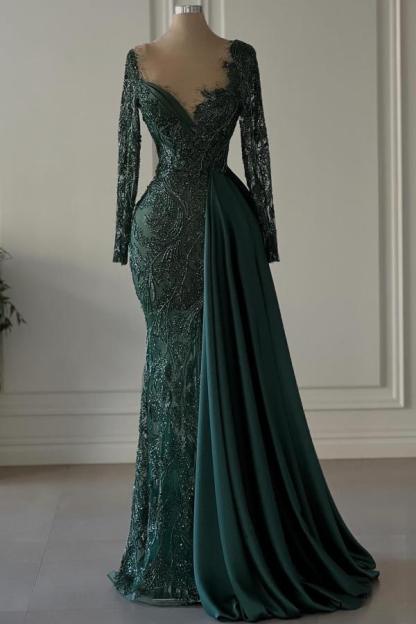 Elegant Long Sleeves Dark Green Lace Mermaid Evening Dress V-Neck Floor Length Formal Dress with Train