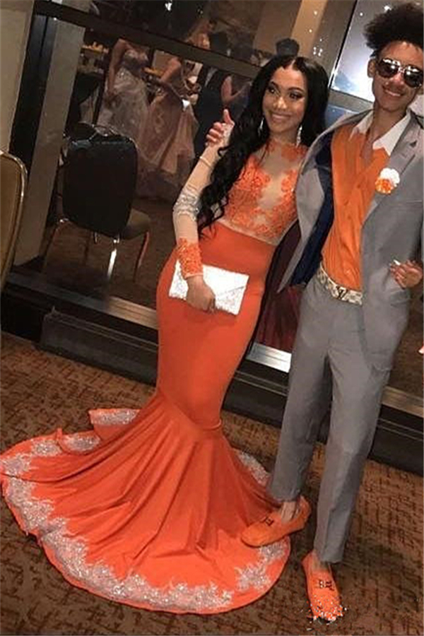 Elegant Mermaid Long Sleeves Appliqued Floor Length Prom Dress UK UKes UK