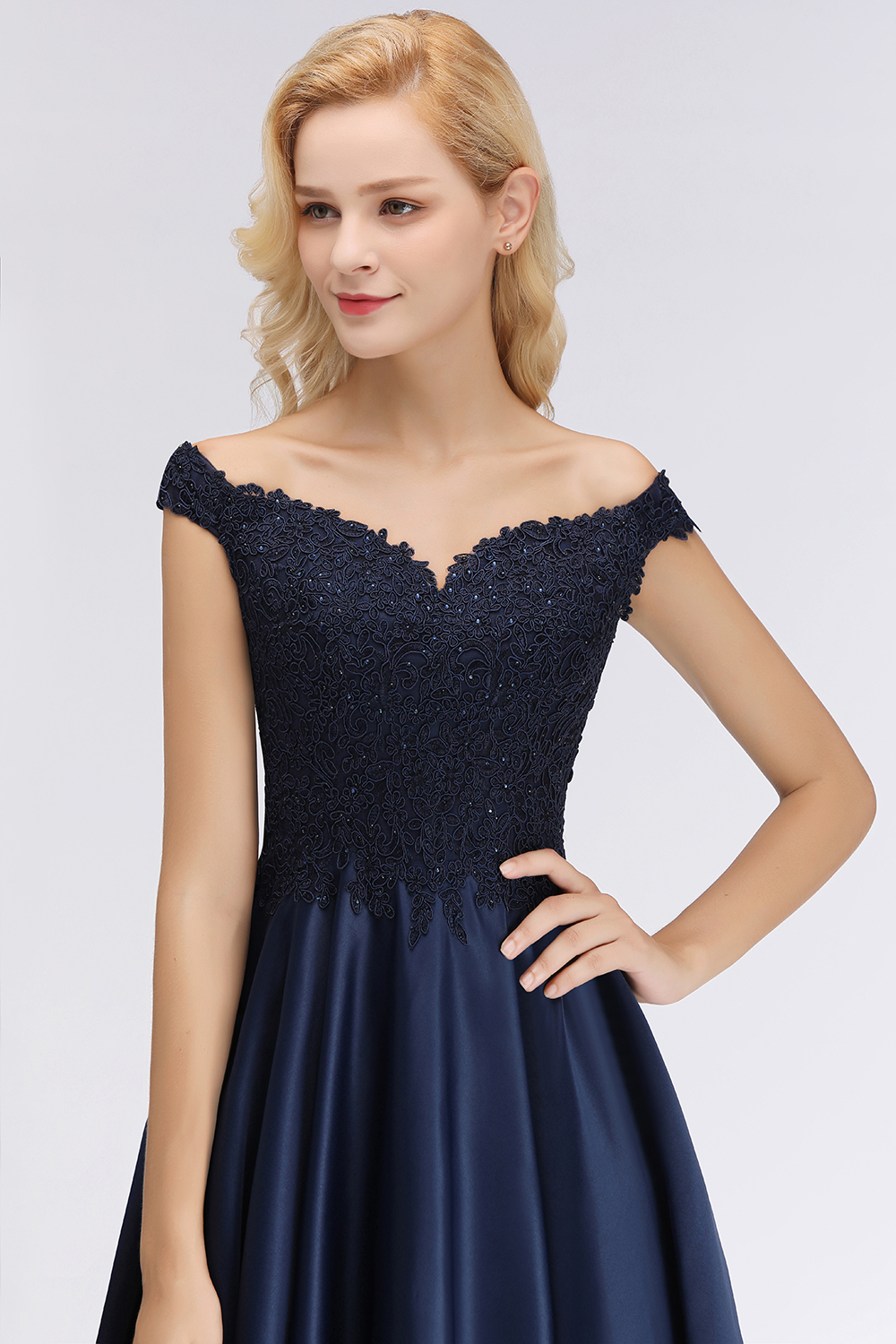 Off-the-Shoulder Navy Blue Satin Long Bridesmaid Dresses-27Dress.co.uk