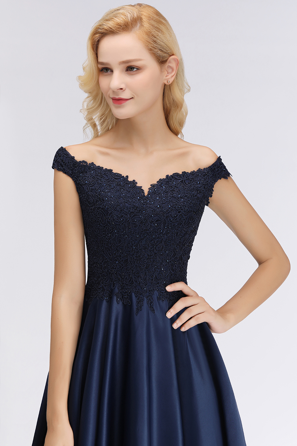 Off-the-Shoulder Navy Blue Satin Long Bridesmaid Dresses-27Dress.co.uk