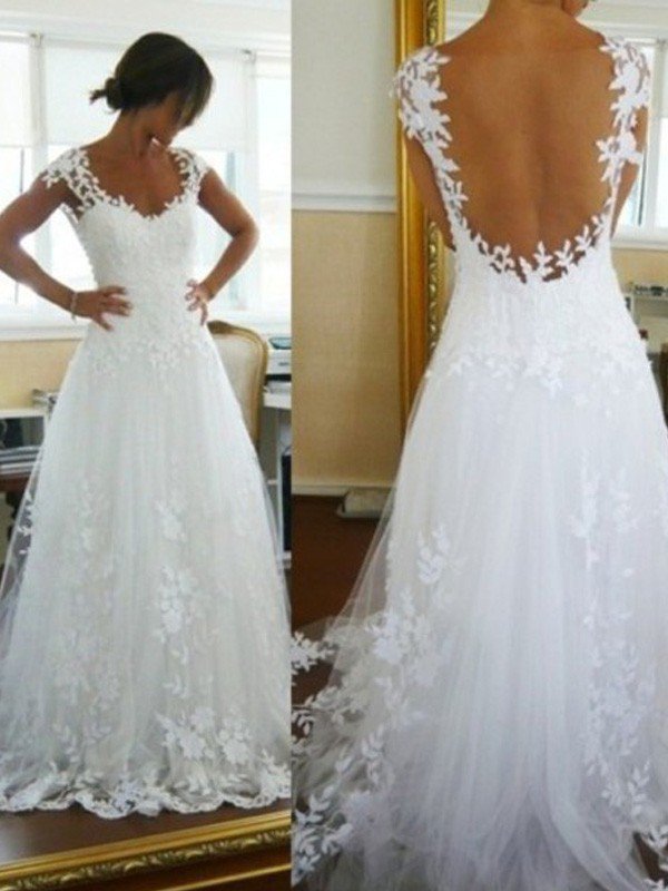 A-Line Sleeveless V-Neck Sweep Train Lace Tulle Wedding Dresses UK