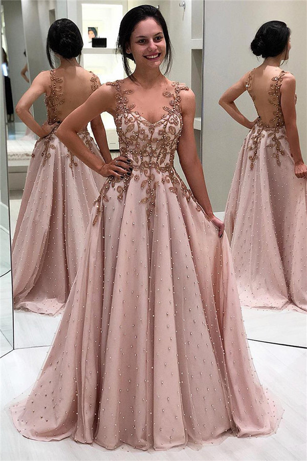 Elegant Appliques Beaded Sleeveless Evening Gown | Open Back Cheap Prom Dresses UK