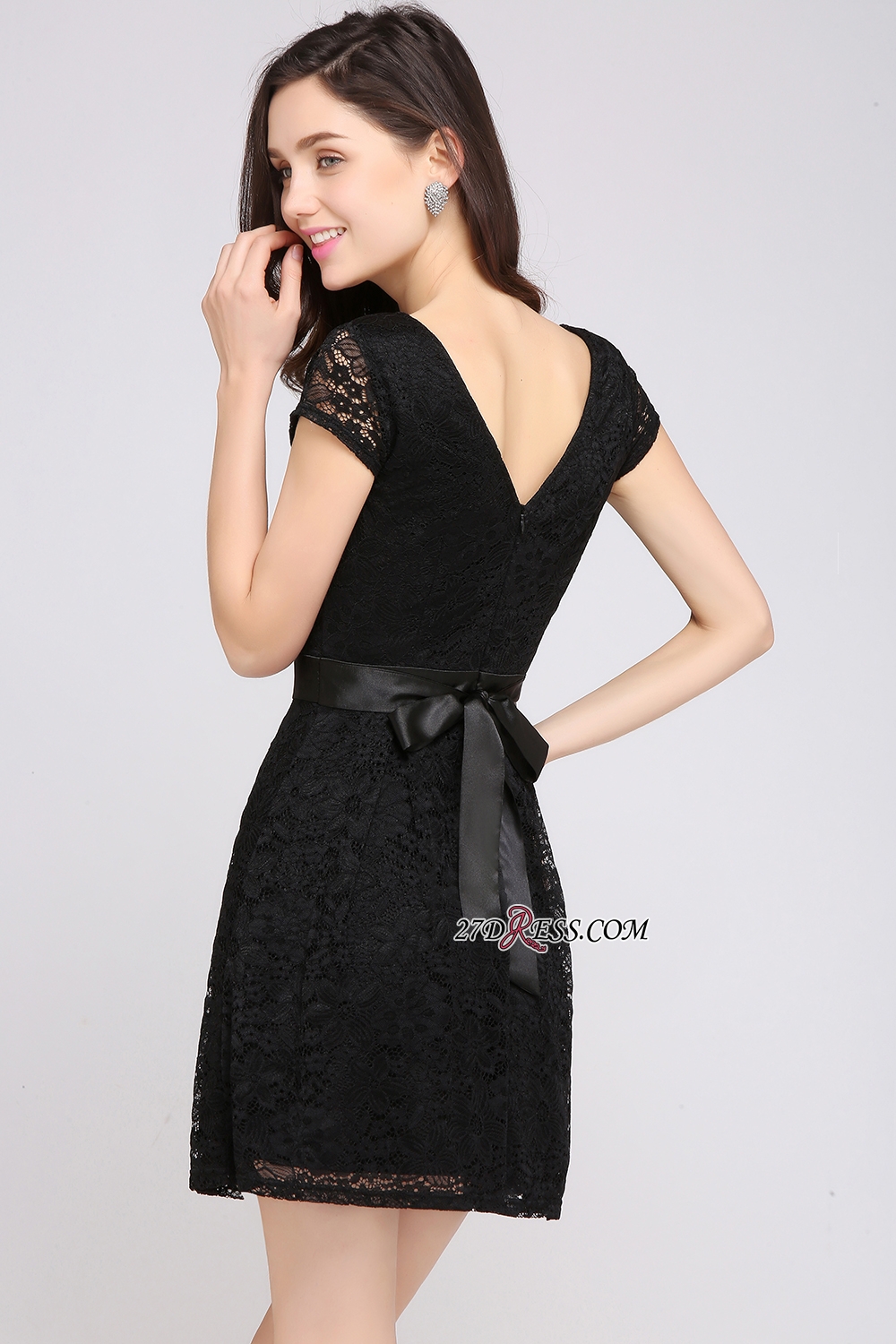 Cap-Sleeves Short Sash Simple Jewel Black Lace Homecoming Dress UK