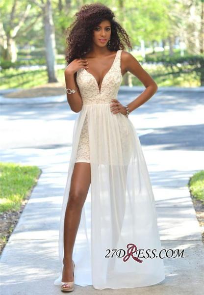 Deep-V-Neck Sheath Open-Back Elegant Lace Sleeveless Prom Dress UK