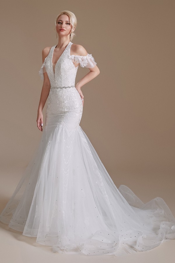Charming Halter Mermaid Bridal Dress Off-the-Shoulder White Wedding Dress