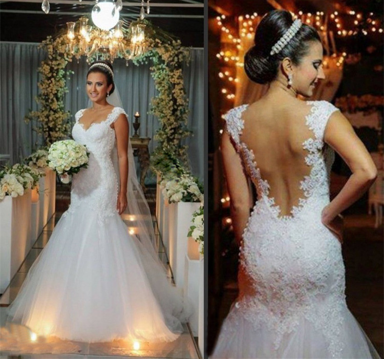 Modern Tulle Lace Appliques Sexy Mermaid Wedding Dress Sweep Train