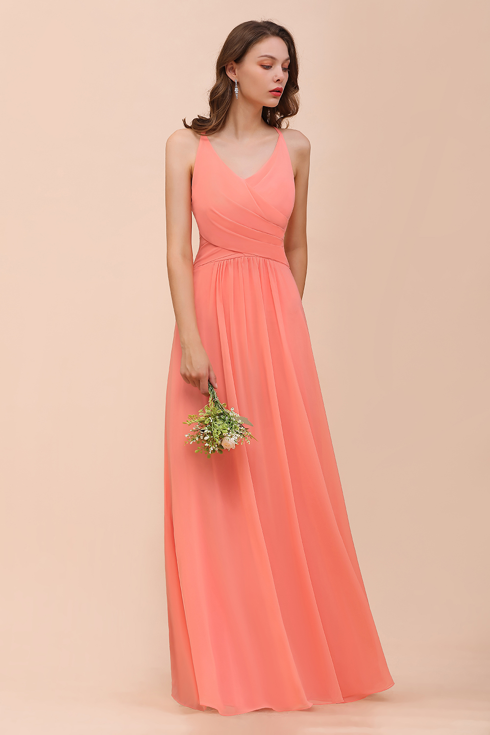 Coral Bridesmaid Dress Ruffle Chiffon V-Neck Long Wedding Guest Dress