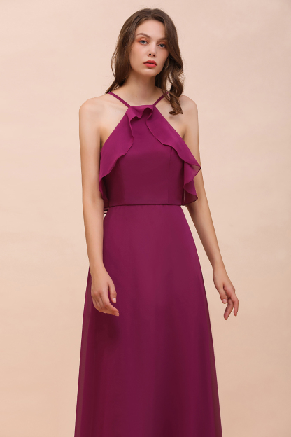 Chic Halter Chiffon Long Bridesmaid Dress Mulberry A-line Wedding Guest Dress