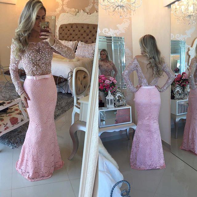 Modern Long Sleeves Pink Prom Dress UKes UK Mermaid Lace Floor Length