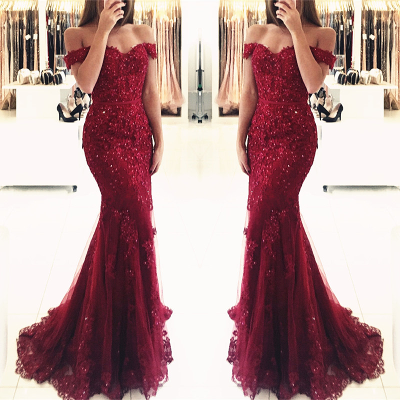 Appliques Off-the-shoulder Red Lace Gorgeous Mermaid Evening Dress UK