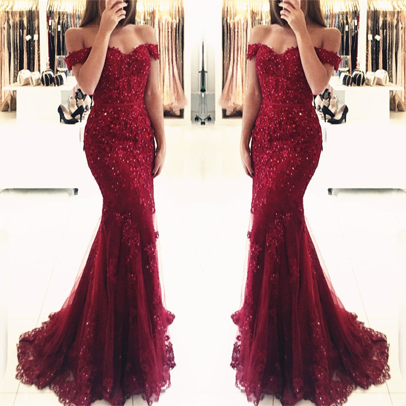 Appliques Off-the-shoulder Red Lace Gorgeous Mermaid Evening Dress UK